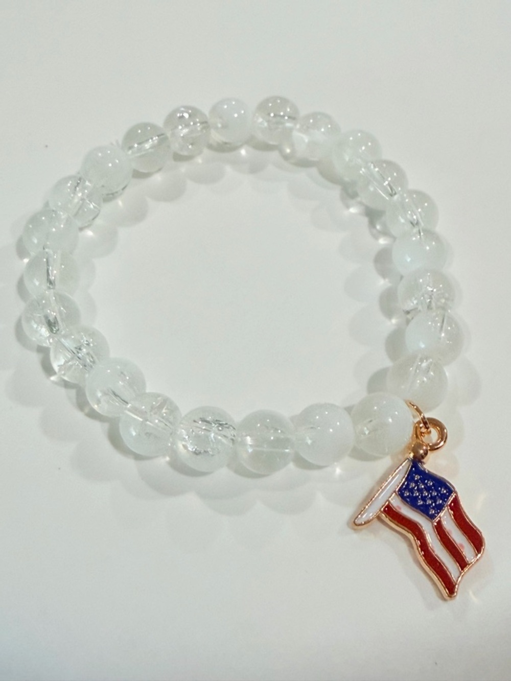White Beaded Bracelet American Flag Charm Patriotic Stretch Bracelet July 4th